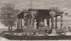 Statua świętego byka Nandi w hinduskiej świątyni w Tanjore w Indiach. Ilustracja do Atlasu Bilder (grawerowanie) autorstwa German School