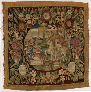 Gobelinowa poszewka na poduszkę przedstawiająca Dawida i Abigail, Samuela XXV, wykonana prawdopodobnie w Hamburgu, Niemcy, ok. 1615 r. (wełna) autorstwa German School