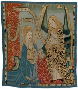 Panel gobelinowy przedstawiający Zwiastowanie z Górnej Nadrenii (nici wełniane, złote, lniane i jedwabne) autorstwa German School