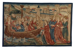 Panel gobelinowy przedstawiający Spotkanie św. Urszuli i księcia Artheriusa w Mayence, ze środkowej Nadrenii, koniec XV w. (wełna i nić metaliczna) autorstwa German School