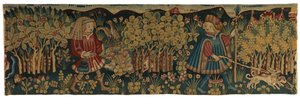 Pasek gobelinowy przedstawiający dwóch młodych ludzi handlujących i polujących, prawdopodobnie z Arras autorstwa German School