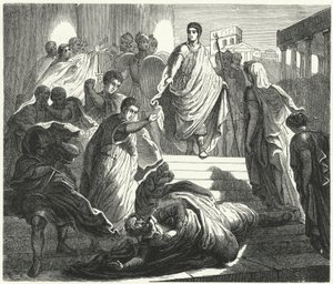 Tarquinius Superbus zabija swojego teścia Serviusa Tullusa, aby objąć tron ​​rzymski (rycina) autorstwa German School