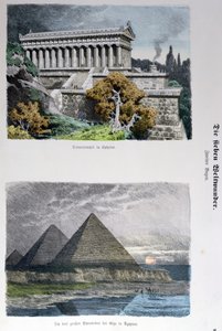 Świątynia Diany w Efezie i piramidy w Gizie, z serii Siedmiu Cudów Świata opublikowanej w Munchener Bilderbogen, 1886 (kolorowe grawerowanie) autorstwa German School