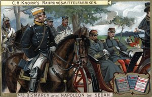 Bitwa pod Sedanem, wojna 1870: generał Otto von Bismarck (1815-1898), król pruski eskortował cesarza Napoleona III (Louis Napoleon Bonaparte autorstwa German School