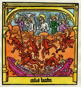 Upadek Lucyfera i zbuntowane anioły, ilustracja z egzemplarza „Biblia Pauperum” autorstwa German School
