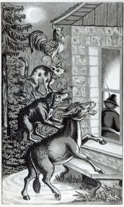 Cztery zwierzęta krzyczące do okna, ilustracja do Muzyków z Bremy, bajka braci Grimm autorstwa German School