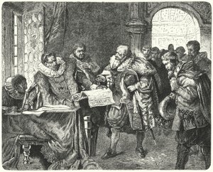 Cesarz Rzymski Rudolf II przyznający czeskim protestantom większą swobodę religijną w swoim Liście Królewskim autorstwa German School