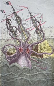 Kraken ciągnie statek (kolorowy grawerunek) autorstwa German School