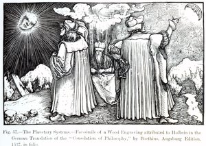Układy planetarne, z The Consolation of Philosophy Boecjusza, opublikowane w 1537, ilustracja z Science and Literature in the Middle Ages and Renaissance, napisana i rytowana przez Paula Lacr autorstwa German School