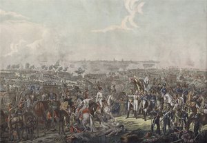 Książę Schwarzenberg przynoszący sprzymierzonym władcom wiadomość o zwycięstwie w bitwie pod Lipskiem wieczorem 18 października 1813 r. autorstwa German School