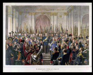 Proklamacja Wilhelma jako cesarza nowej Rzeszy Niemieckiej w Sali Lustrzanej w Wersalu 18.01.1871 r. (rycina kolorowa) autorstwa German School