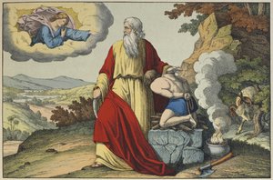 Ofiara Izaaka autorstwa Abrahama, ilustracja z Testamentu Lancien, wyd. Jakob Ferdinand Schreiber, Esslingen (kolorystyka) autorstwa German School