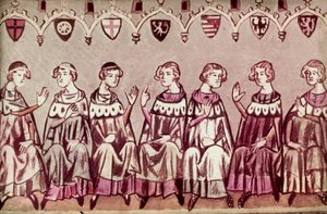 Siedmiu książąt elektorów wybierających Henryka VII na cesarza rzymskiego, ilustracja z kroniki Henryka VII (Balduineum) 1341 (tusz i kolor na papierze welinowym) autorstwa German School