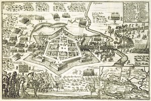Oblężenie Neuhausel przez Turków w 1663 r., ilustracja z książki o kampaniach osmańskich w Europie, rytowana przez Paula Fursta (ok. 1605-66) autorstwa German School