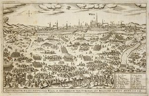 Oblężenie Wiednia w 1529 r., ilustracja z książki o kampaniach osmańskich w Europie, rytowana przez Paula Fursta (ok. 1605-66) autorstwa German School