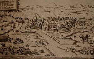 Oblężenie Zolnock przez Turków w 1552 r., ilustracja z książki o kampaniach osmańskich w Europie, rytowana przez Paula Fursta (ok. 1605-66) (rycina) autorstwa German School
