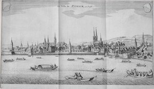 Miasto Zurych, Szwajcaria, z tomu II Itinera Alpina Johanna Jacoba Scheuchzeriego, wydana w 1706 r. autorstwa German School
