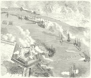 Flota Unii atakująca Fort Jackson i Fort St Philip w stanie Luizjana, wojna secesyjna, 1862 r. autorstwa German School