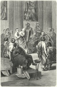 Niewidomy Appius Klaudiusz Caecus przemawiający w senacie rzymskim przeciwko Kineasowi, ambasadorowi Pyrrusa z Epiris, 279 pne (rycina) autorstwa German School