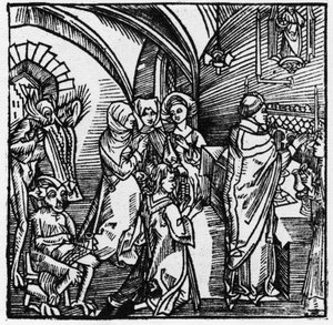 Diabły przepisują paplaninę kupców podczas mszy – w „Der Ritter von Turn” rycerza Marquarda vom Steina 1498 autorstwa German School