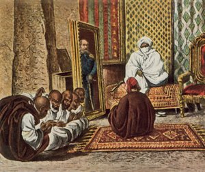 Odkrywca Nachtigal odwiedza szejka Omara z Bornu, 5 czerwca 1870 r. (wzmocniona kolorowa litografia) autorstwa German School