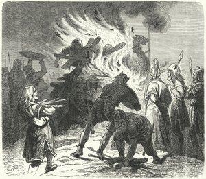 Legendarny król szwedzki Sigurd Hring spalający ciało Haralda Wartootha po bitwie Bravellir (rycina) autorstwa German School