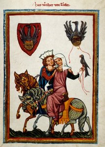 Przyjemności łowieckie: król Konradin z Hohenstaufów, król Sycylii (Włochy) i Jerozolimy (Izrael) pod imieniem Konrad II, książę Szwabii pod imieniem Konrad III i król Rzymian pod imieniem Konrad V (1252 -1268) polowanie na sokoła. Il autorstwa German School