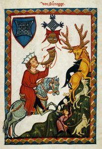Przyjemności polowania: król Radin z Hohenstaufów, król Sycylii (Włochy) i Jerozolimy (Izrael) pod imieniem Konrad II, książę Szwabii pod imieniem Konrad III i król Rzymian pod imieniem Konrad V (1252 -1268) poluje na jelenie. Iluminacja autorstwa German School