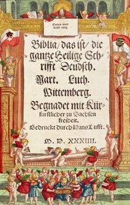 Strona tytułowa z Biblii Lutra, ok. 1530 (kolorowy drzeworyt) autorstwa German School