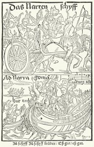 Strona tytułowa z pierwszego wydania Statku głupców Sebastiana Branta, wydrukowanego przez Johanna Bergmanna von Olpe w Bazylei w 1491 r. (rycina) autorstwa German School