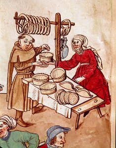 Handel: sprzedawca chleba. Miniatura z „Kroniki soboru w Konstancji” Ulricha Richentala (1360-1437) 1438 ok. Praga, biblioteka narodowa autorstwa German School