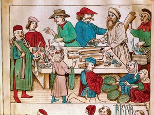 Handel: scena spacerowa. Miniatura z „Kroniki soboru w Konstancji” Ulricha Richentala (1360-1437) 1438 ok. Praga, biblioteka narodowa autorstwa German School