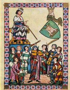 Trubadurzy przed cesarzem Niemiec i jego dworem, z „Kodeksu Manesse” (welum) autorstwa German School