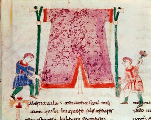 Dwóch mężczyzn stojących pod namiotem. Miniatura zaczerpnięta z rękopisu „De Universo” lub „De rerum naturis” (Z natury rzeczy) autorstwa Rabanus Maurus Magnentius (lub Raban Maur lub Rabano Mauro, ok. 780-856). IX wiek. Archiwum Opactwa na Monte Cassino ( autorstwa German School