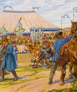 Viehpreisverteilung / Dystrybucja cen żywego inwentarza (kolorowa litografia) autorstwa German School