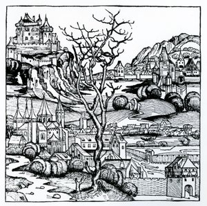 Widok Portugalii z „Kroniki norymberskiej” 1493 (drzeworyt) autorstwa German School