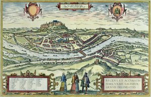 Widok miasta Salzburg nad brzegiem rzeki Salzach z zamkiem Hohensalzburg w tle, ze „Staroeuropejskich scen miejskich” (rycina) autorstwa German School