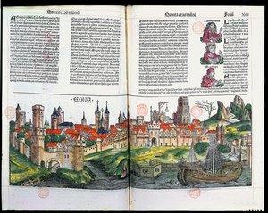 Widok miasta Kolonia z Kroniki Norymbergi Hartmanna Schedla, 1493 (kolorowy drzeworyt) autorstwa German School
