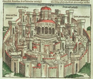 Widok na otoczone murem miasto Jerozolimę ukazujący Świątynię Salomona i bramy miasta, z Kroniki Norymberskiej autorstwa Hartmanna Schedla (1440-1514) 1493 autorstwa German School