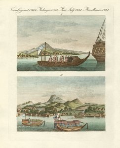 Widoki wybrzeża Japonii obok japońskich pojazdów (kolorowy grawerunek) autorstwa German School