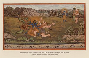 Wisznu zabijający demony Madhu i Kaitaba (kolorowa litografia) autorstwa German School