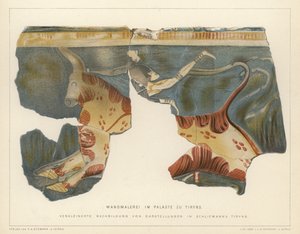 Malowidło ścienne z pałacu mykeńskiego w Tiryns, Grecja, wykopane przez niemieckiego archeologa Heinricha Schliemanna (kolor lito) autorstwa German School