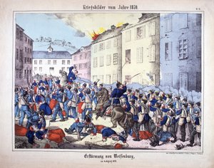 Wojna 1870 r.: Zdobycie Wissembourga (bitwa pod Weißenburgiem) między żołnierzami armii pruskiej i francuskiej 4 sierpnia autorstwa German School