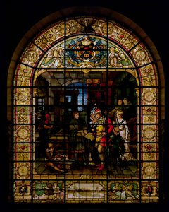 William Caxton pokazuje swoją pierwszą drukowaną książkę Edwardowi IV i jego żonie, Elizabeth Woodville w 1477, przez Mayer and Co., firma z siedzibą w Monachium działająca w Londynie, ok. 1880 (witraż)
