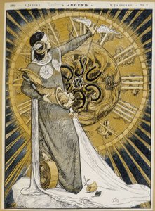 Kobieta z paskami oczu trzymająca róg obfitości i przesuwająca wskazówki zegara (Alegoria fortuny) - w „Jugend” z 1.08.1900 autorstwa German School