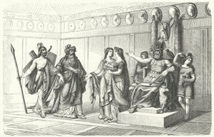 Wotan odbiera muzyków przedstawionych przez Bragiego, boga poezji i pieśni (rycina) autorstwa German School