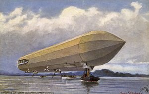 Sterowiec Zeppelin startujący z jeziora autorstwa German School