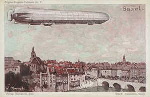 Zeppelin lecący nad Bazyleą autorstwa German School