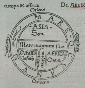 f.177v T-in-O mapa, z typograficznymi nazwami miejscowości, od Izydora z Sewilli, Liber Etimologiarvm