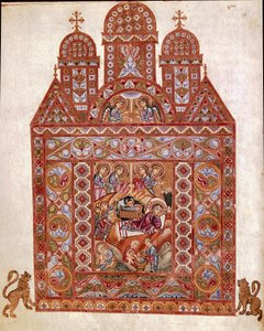 Szopka Miniatura Kodeksu Egberta (Codex Egberti) przy szkole Reichenau. 980 ok. Cividale del Friuli, Muzeum Archeologiczne lub Cathedrale de Cividale autorstwa German School